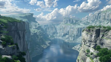 Poster - A serene landscape featuring cliffs and a tranquil river under a blue sky with scattered clouds.