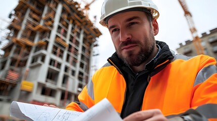 Focused Construction Manager Examining Building Blueprints at Construction Site