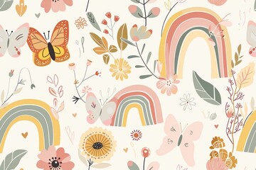 Canvas Print - Seamless pattern with rainbows, butterflies, and flowers in soft colors.