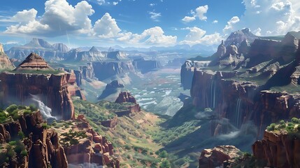 Poster - A stunning landscape featuring majestic mountains, valleys, and a vibrant sky, evoking a sense of adventure.