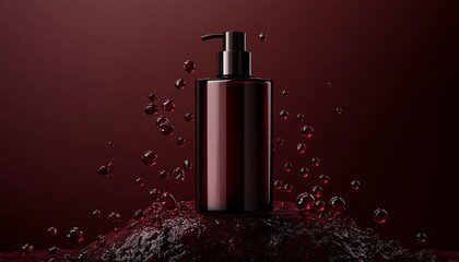 Canvas Print - Rich Burgundy Skincare Mockup Bottle on Deep Maroon Stone Skincare Mockup