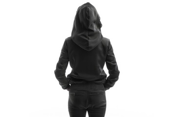 Woman in black tracksuit hood standing isolated  back view.