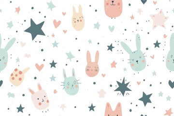 Wall Mural - Seamless pattern with cute rabbits, hearts and stars on white background.