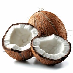 Wall Mural - Two Halved Coconuts and One Whole Coconut Isolated on White Background