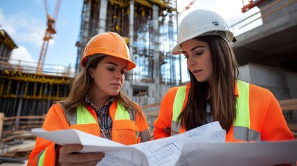 Wall Mural - Two Female Construction Foremen Examining Blueprints at Bustling Construction Site