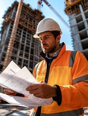 Wall Mural - Construction Site Inspector Reviewing Building Blueprints at Worksite