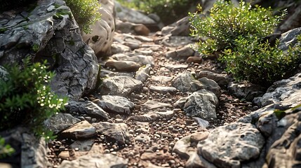 Poster - A natural pathway lined with rocks and greenery, showcasing a serene outdoor environment.