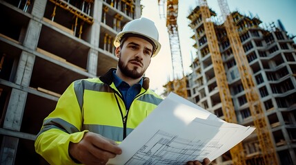 Wall Mural - Visionary Male Engineer Intently Focused on Blueprints at Dynamic Construction Site