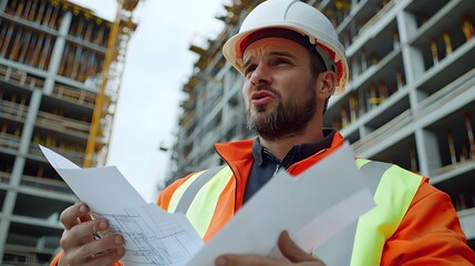 Wall Mural - Visionary engineer passionately discusses blueprints at the dynamic construction site with crane and building framework