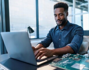 Software engineer working on laptop with circuit board. Concept of digital technology and software development. Coding programmer. Generated image