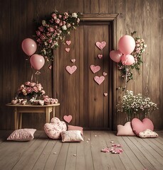 Wall Mural - there are balloons and pink flowers on the floor near a table