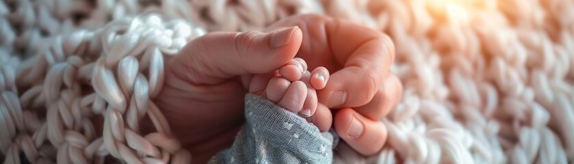 A close-up of an adult hand holding a baby's hand on a fluffy white blanket.