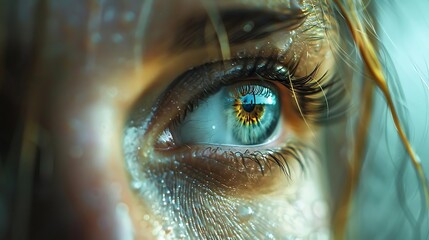 Poster - A close-up of a human eye with intricate details, showcasing water droplets and vibrant colors.