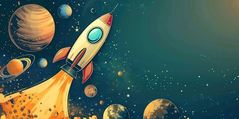 Wall Mural - A cartoon rocket ship taking off from Earth with a trail of smoke and fire in space with planets and stars.