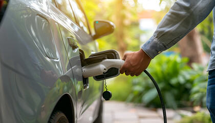 Electric car or ev is charging at station . man use the white power cable and plug on nature background