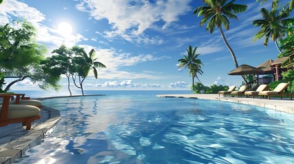 Sticker - A serene tropical pool scene with palm trees and a clear blue sky.