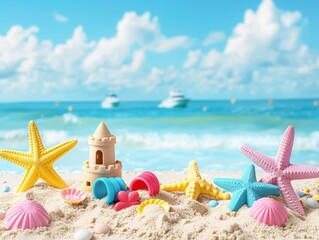 Sticker - Colorful beach toys on the sand with a blue ocean and white clouds in the background.