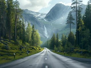 Wall Mural - A winding road through lush greenery leading to majestic mountains and a waterfall on a cloudy day in the wilderness