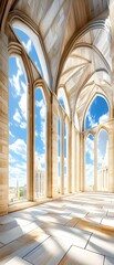 Poster - Cathedral interior with arched windows and view of cityscape.