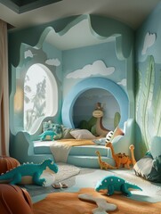 Wall Mural - A child's room with a bed shaped like a cave and a rug with a dinosaur pattern.