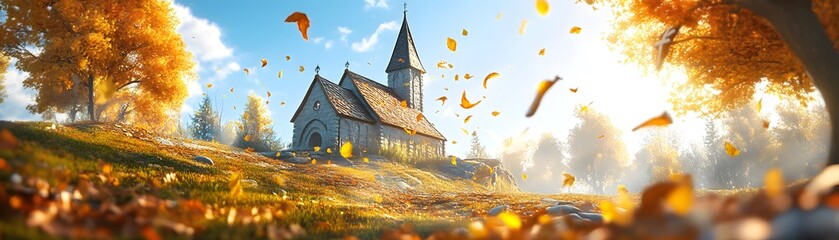 Canvas Print - Autumn Church in the Forest.