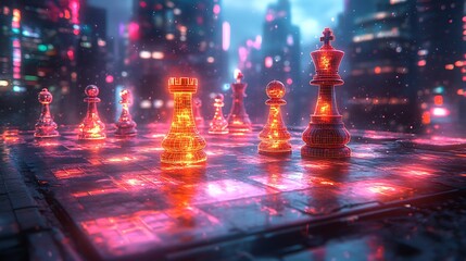 Wall Mural - A chess board with glowing pieces set against a futuristic city backdrop.