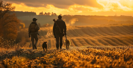 Two hunters and a dog walk a field 