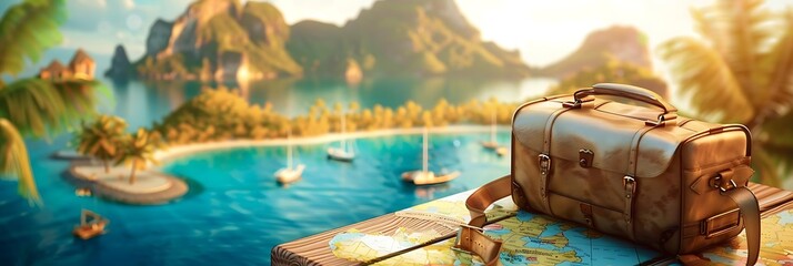 Poster - A scenic travel setup with a suitcase and map overlooking a tropical paradise.