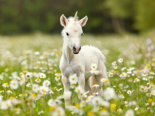 Poster - A white unicorn foal stands in a field of daisies, looking at the camera.