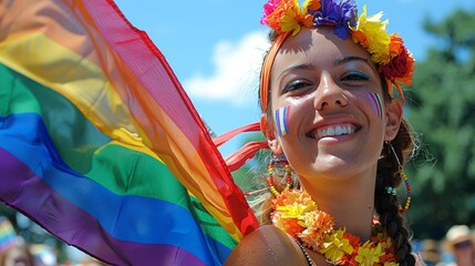 Celebrating pride with joy and color at a vibrant festival in bright sunshine and festive atmosphere. Generative AI