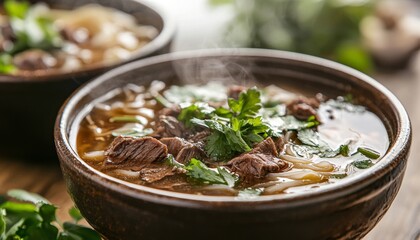 Poster - Steaming Beef Noodle Soup with Fresh Herbs