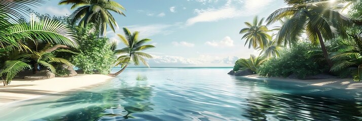 Wall Mural - A serene tropical landscape with palm trees and calm waters under a bright sky.