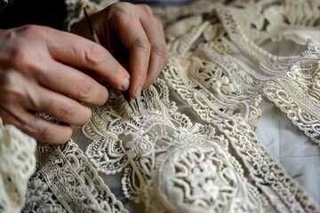 Wall Mural - Close-up of a person's hands carefully adding embellishments to a delicate lace fabric with tweezers.