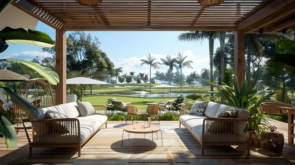 Canvas Print - A serene outdoor lounge area with comfortable seating overlooking a lush landscape.