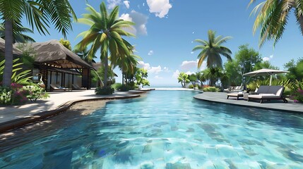 Poster - A serene tropical resort scene featuring a pool surrounded by palm trees and lush greenery.