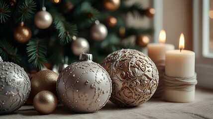 Wall Mural - Christmas home decoration close up, muted colors, holiday photorealistic aesthetic background.