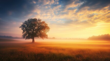 Wall Mural - Beautiful photo landscape at sunrise or sutting with rising or setting sun over the morning or evening valley or floral meadow in summer