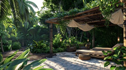 Sticker - A serene outdoor lounge area surrounded by lush greenery and tropical plants.