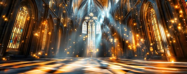 Wall Mural - Cathedral Interior with Stained Glass Windows and Light Rays.