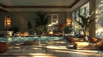 Sticker - A serene indoor pool area with natural light and lush greenery.