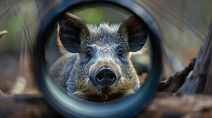 Wall Mural - wild hog through rifle scope: view of a wild hog seen through a rifle scope, focusing on hunting.