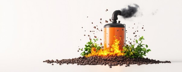 Wall Mural - methane gas escaping from a broken biogas generator on a farm, highlighting its flammable nature, isolated on a white background.