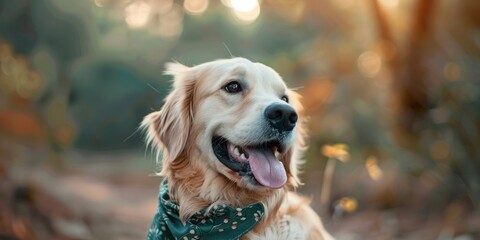 Poster - A golden retriever with a green bandana looks off to the side in a blurred forest background.