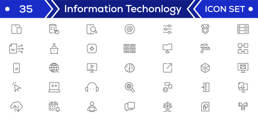 Information Technology Minimal line icons Bundle. Programming, Network, Website, Process, Internet, Data, Technology icon for apps and website