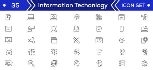 Information Technology Minimal line icons Bundle. Programming, Network, Website, Process, Internet, Data, Technology icon for apps and website