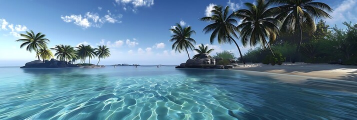 Poster - A serene tropical beach scene with clear water, palm trees, and a tranquil atmosphere.