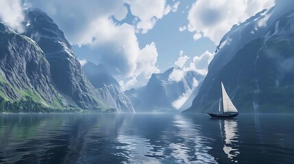 Poster - A serene landscape featuring mountains and a sailboat on calm waters under a bright sky.