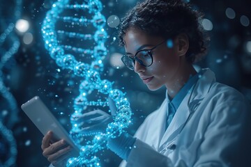 Abstract luminous DNA molecule Doctor using tablet and check with analysis chromosome DNA genetic of human on virtual interface Medicine Medical science and biotechnology