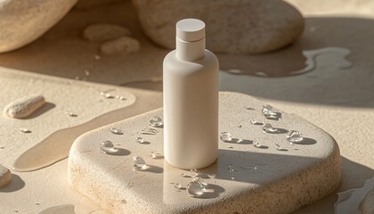 Wall Mural - White Body Lotion Bottle on Light Brown Stone Skincare Mockup