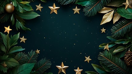 Wall Mural - christmas wreath with golden stars and evergreen leaves on a dark background